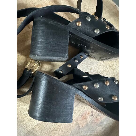 Maje Fiona sandals black leather gold silver studs ankle wrap sz 39 - Picture 7 of 14